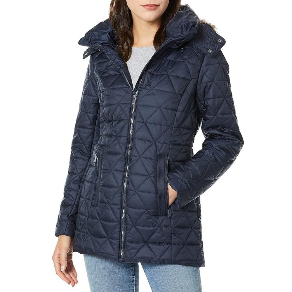 Andrew Marc Cypress Coat -  Quilted Puffer Hooded Vegan Navy Blue
